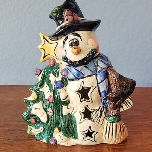 2001 BLUE SKY 8" Snowman w/ Christmas Tree Tealight Candle Holder